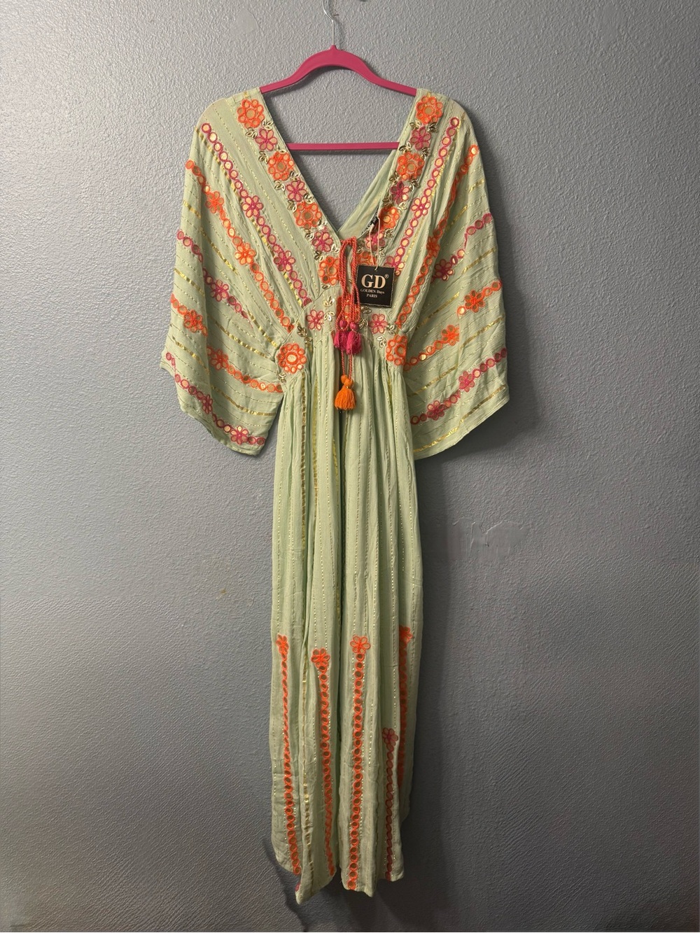 Embroidered V-Neck Maxi Dress in Light Green with Orange Accents